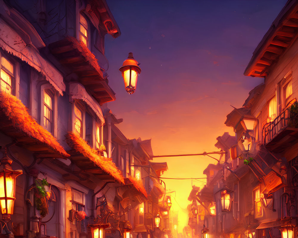 Twilight scene of narrow street with quaint houses and glowing lanterns