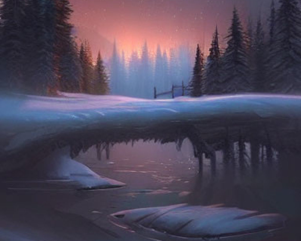 Snow-covered trees and frozen river in serene twilight winter landscape