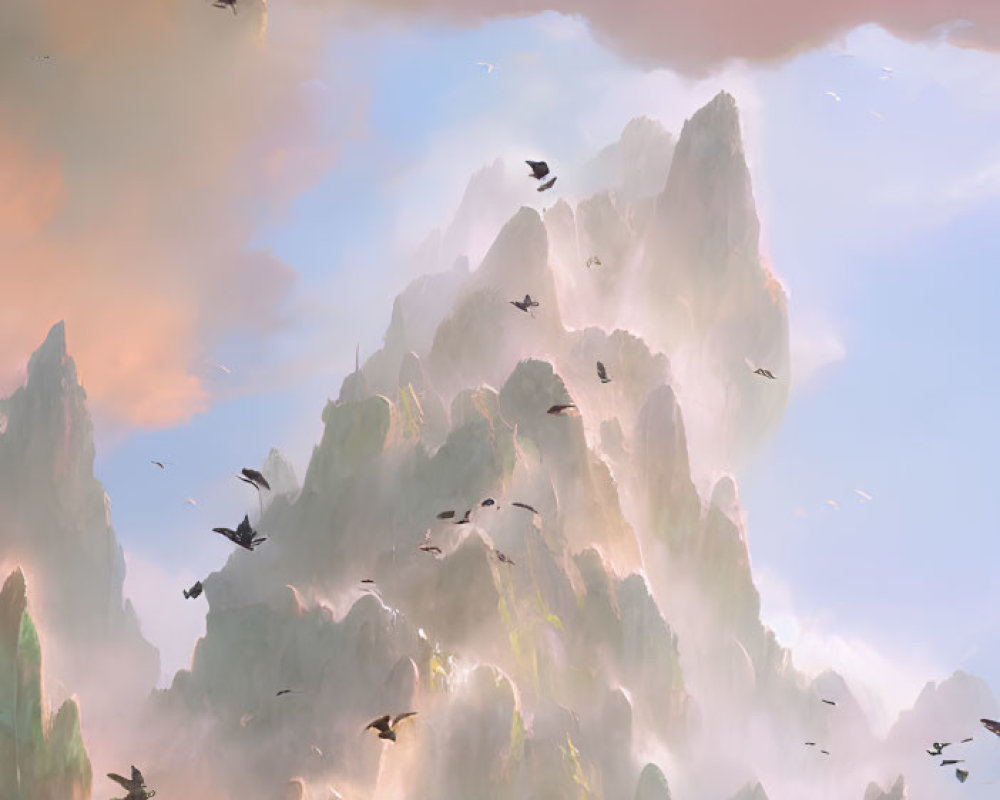 Majestic mountain landscape with flying creatures in serene pink sky