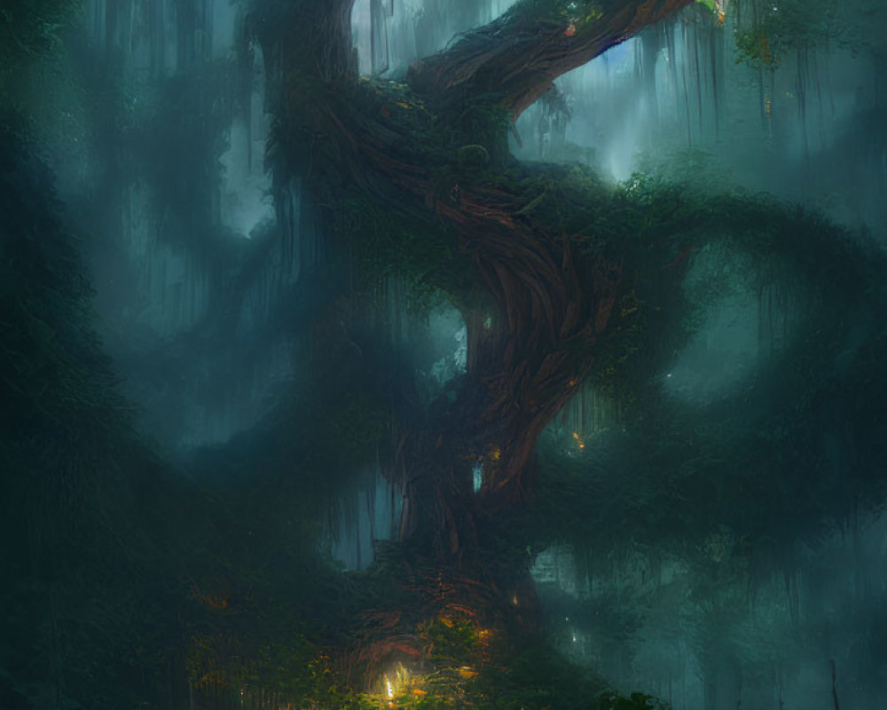 Ethereal forest scene with twisted tree, hanging vines, glowing lights, and mysterious fog