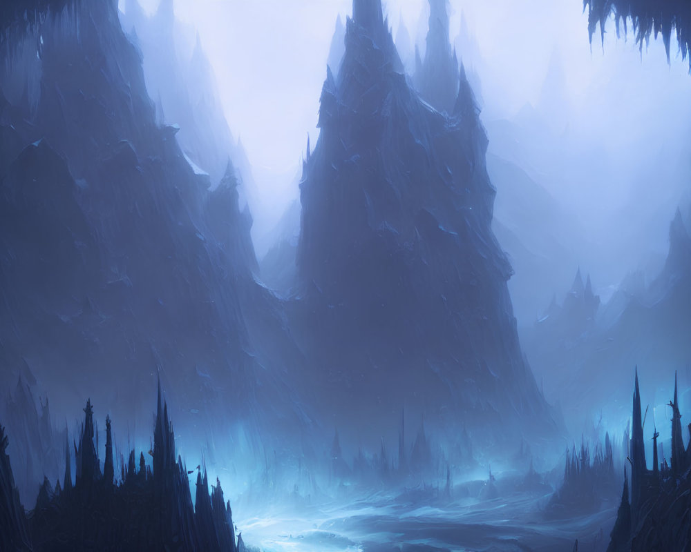 Mystical fog-enveloped landscape with spiky mountains and ethereal light