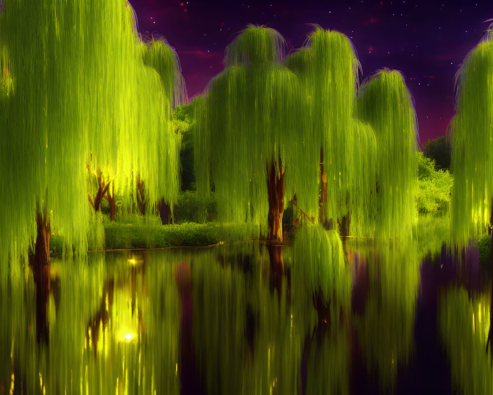 Tranquil nighttime scene with weeping willows, serene water, and starry sky