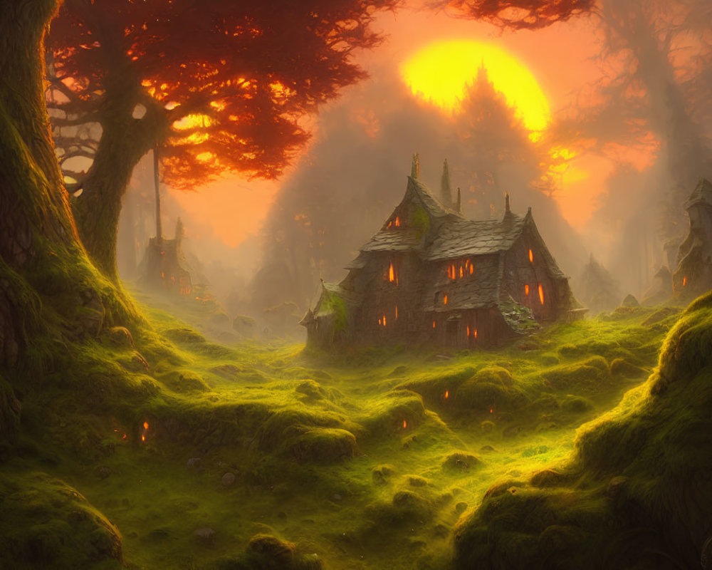 Mystical forest scene: sunset, ivy-covered house, ancient trees