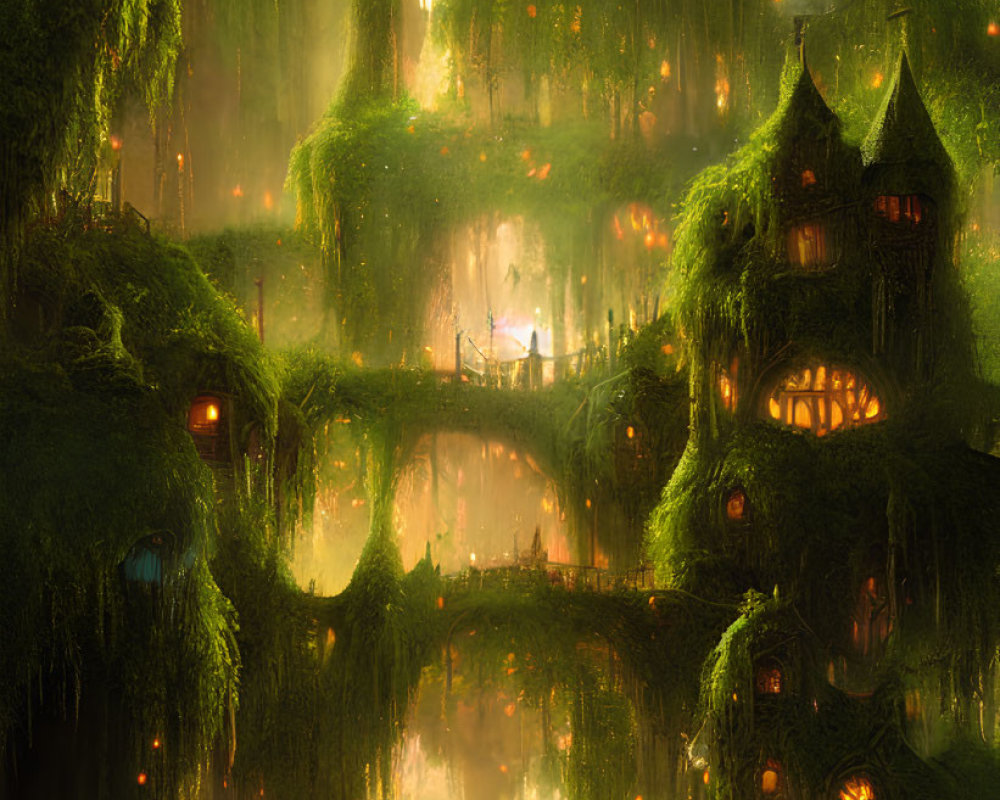 Mystical forest with glowing lanterns, dwellings, and reflective lake