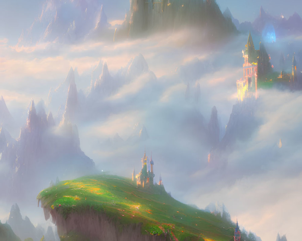 Fantastical landscape with floating islands and castles