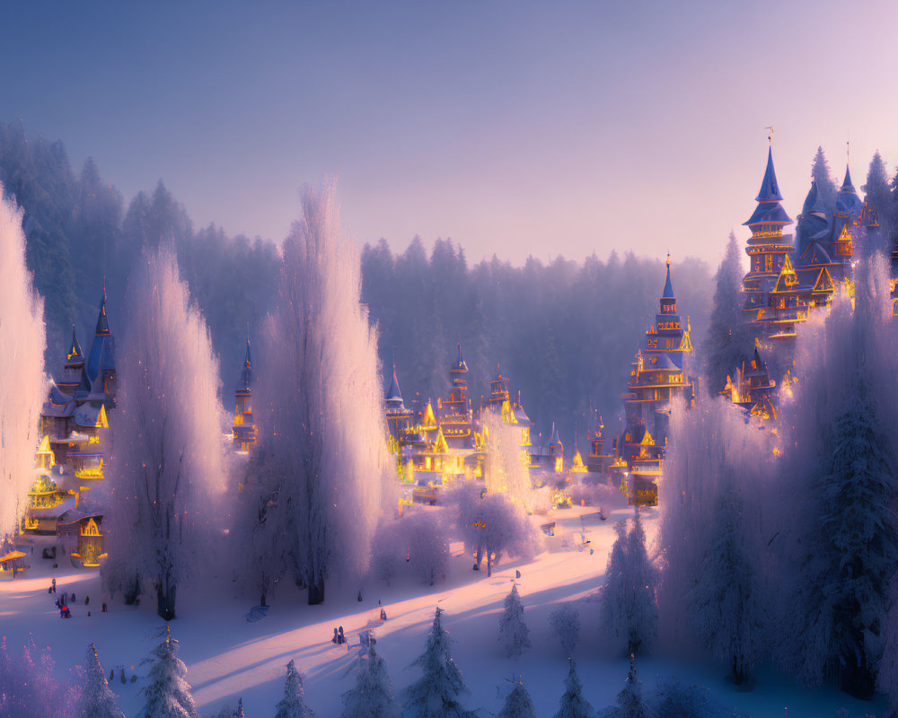 Enchanting Winter Village Scene with Illuminated Buildings and Snow-Covered Trees