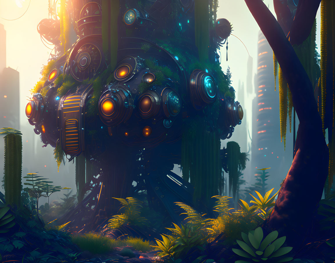 Futuristic machinery with glowing orbs in lush forest scene