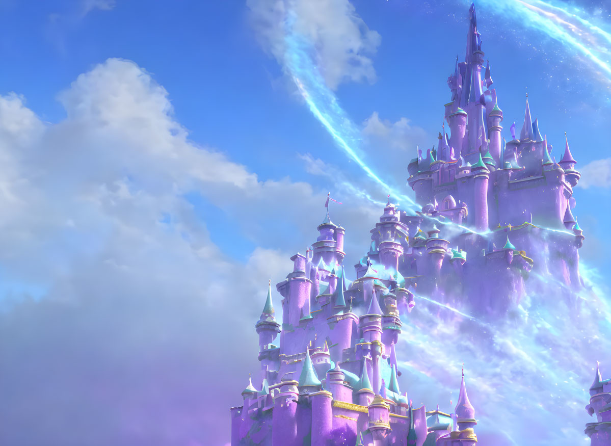 Majestic fairytale castle with spires and turrets under magical blue swirl