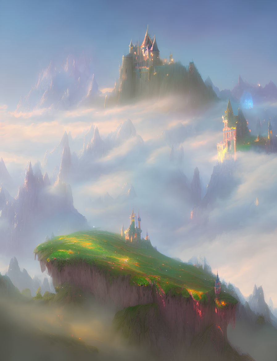 Fantastical landscape with floating islands and castles