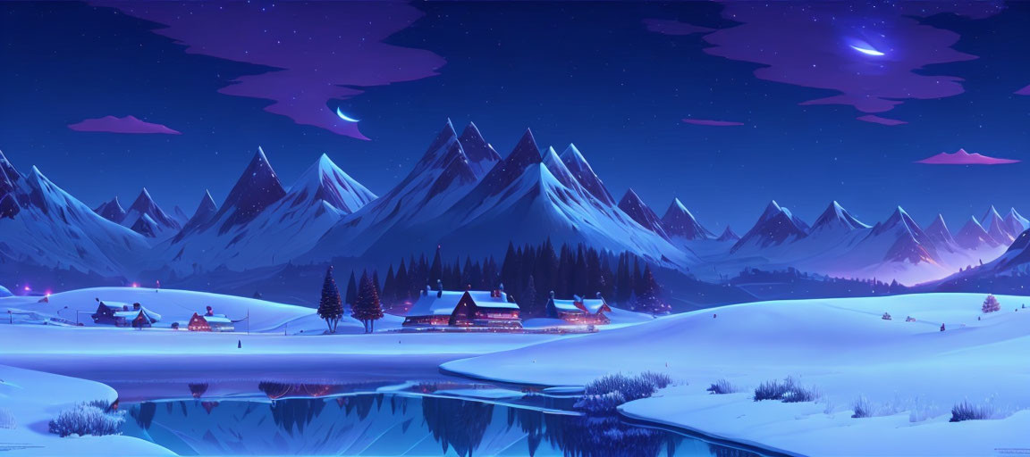 Snow-covered peaks and village by reflective lake under starry sky