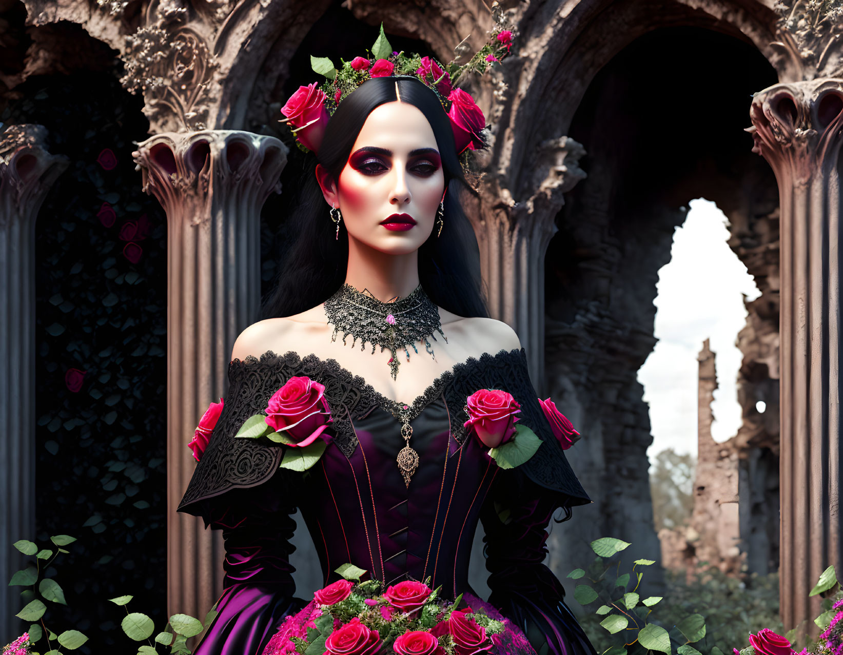 Gothic-inspired black and purple dress with roses and vintage jewelry in front of classical arches