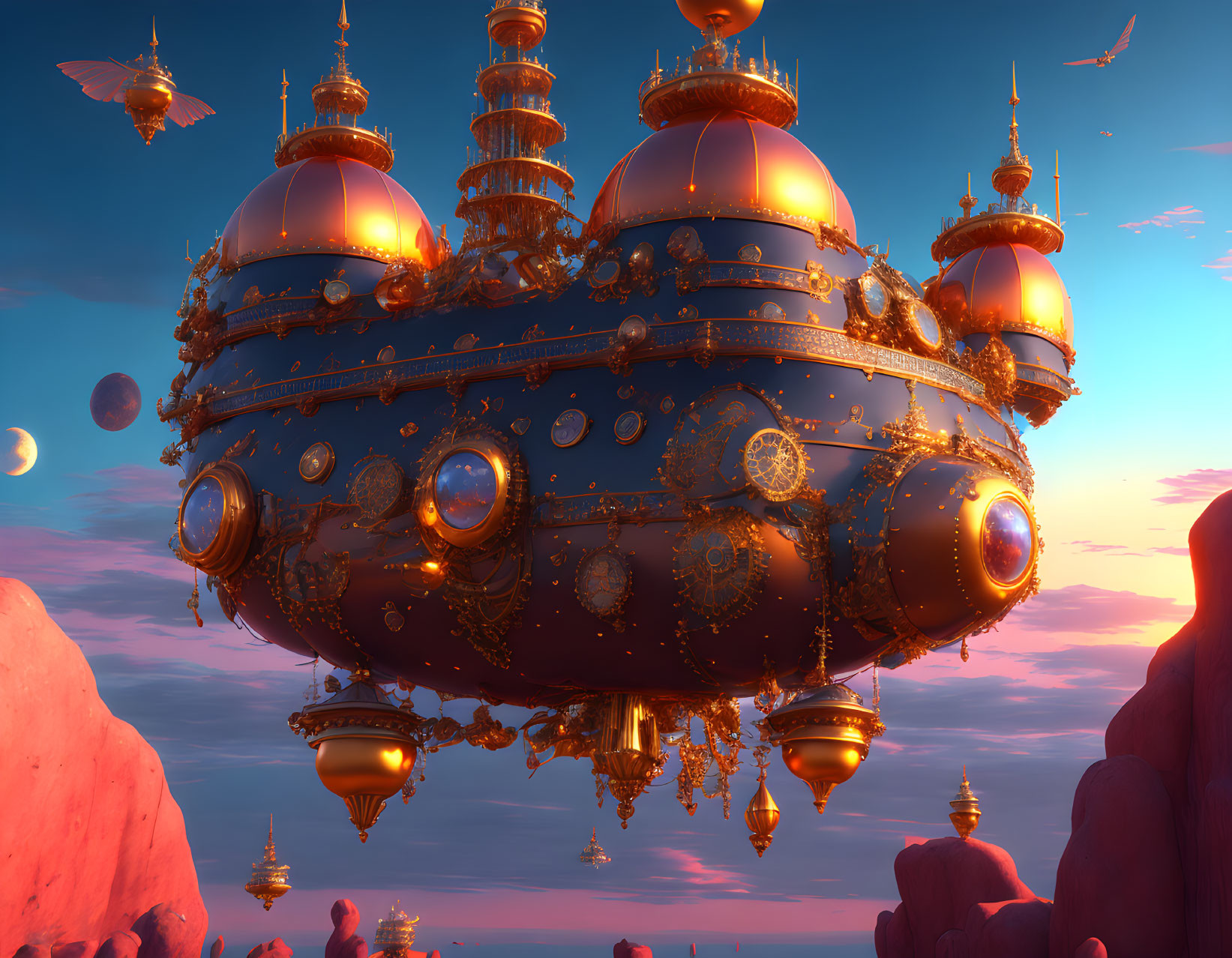 Large ornate floating city with golden domes in surreal pink sky