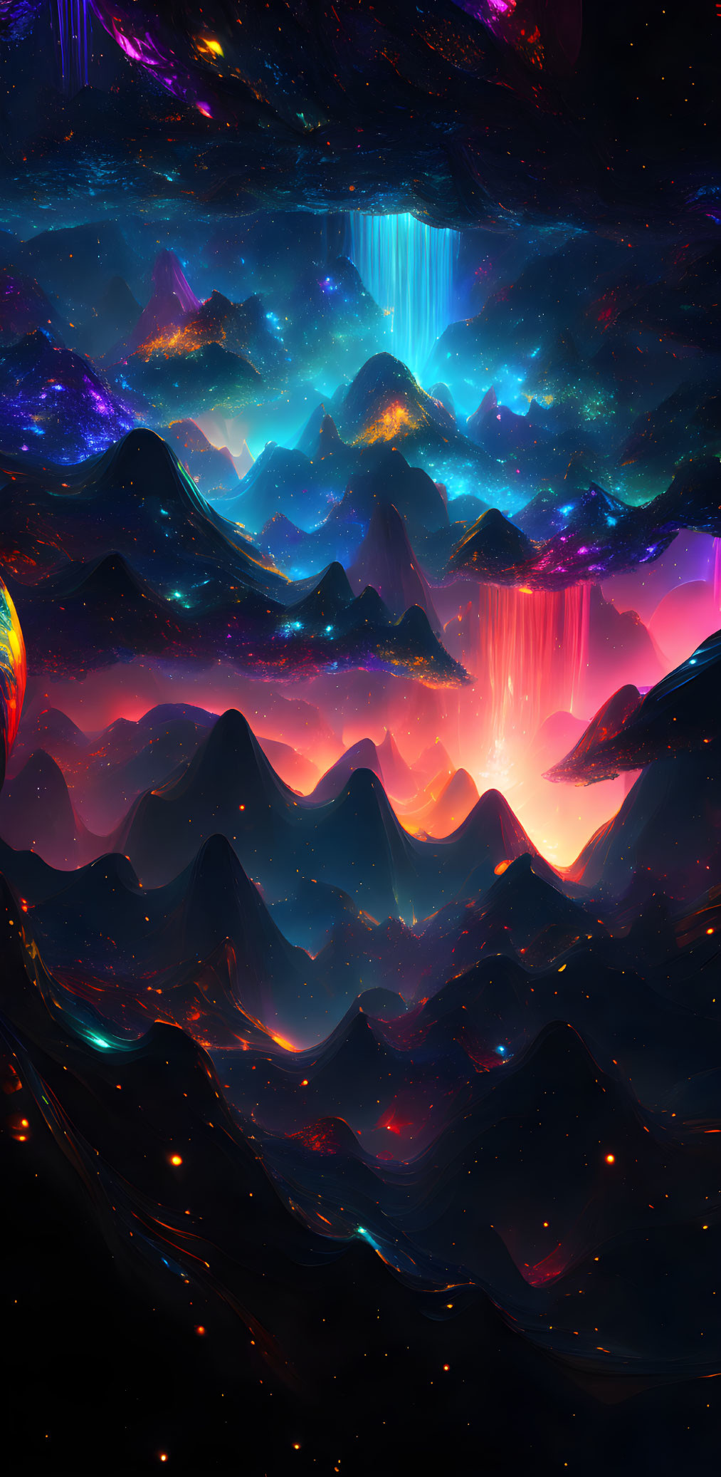 Neon-colored cosmic landscape with glowing waterfalls & starry sky