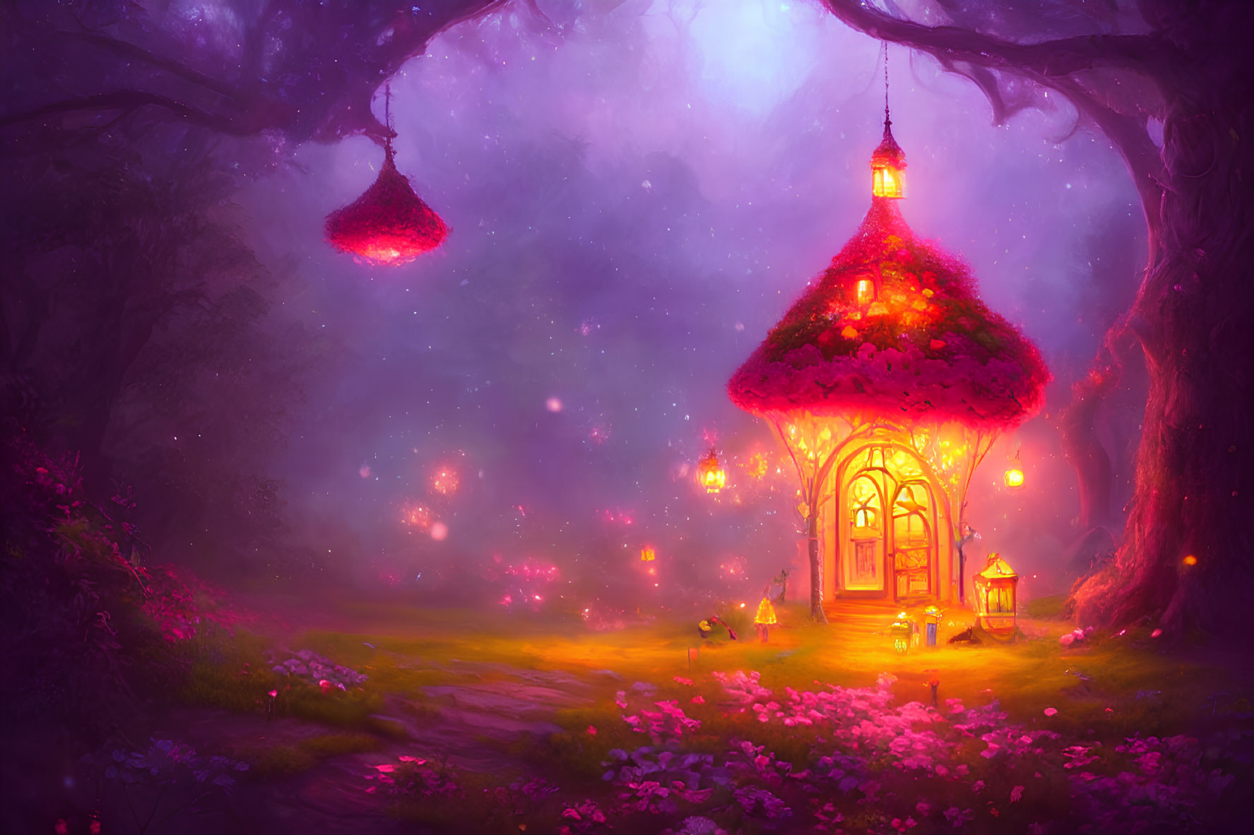 Enchanted cottage in magical forest with glowing lanterns