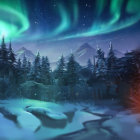 Winter night scene: Northern Lights over snow-covered landscape with campfire