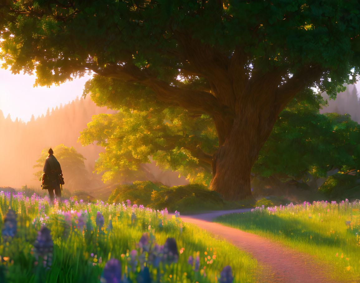 Solitary figure walking under large tree at sunrise or sunset