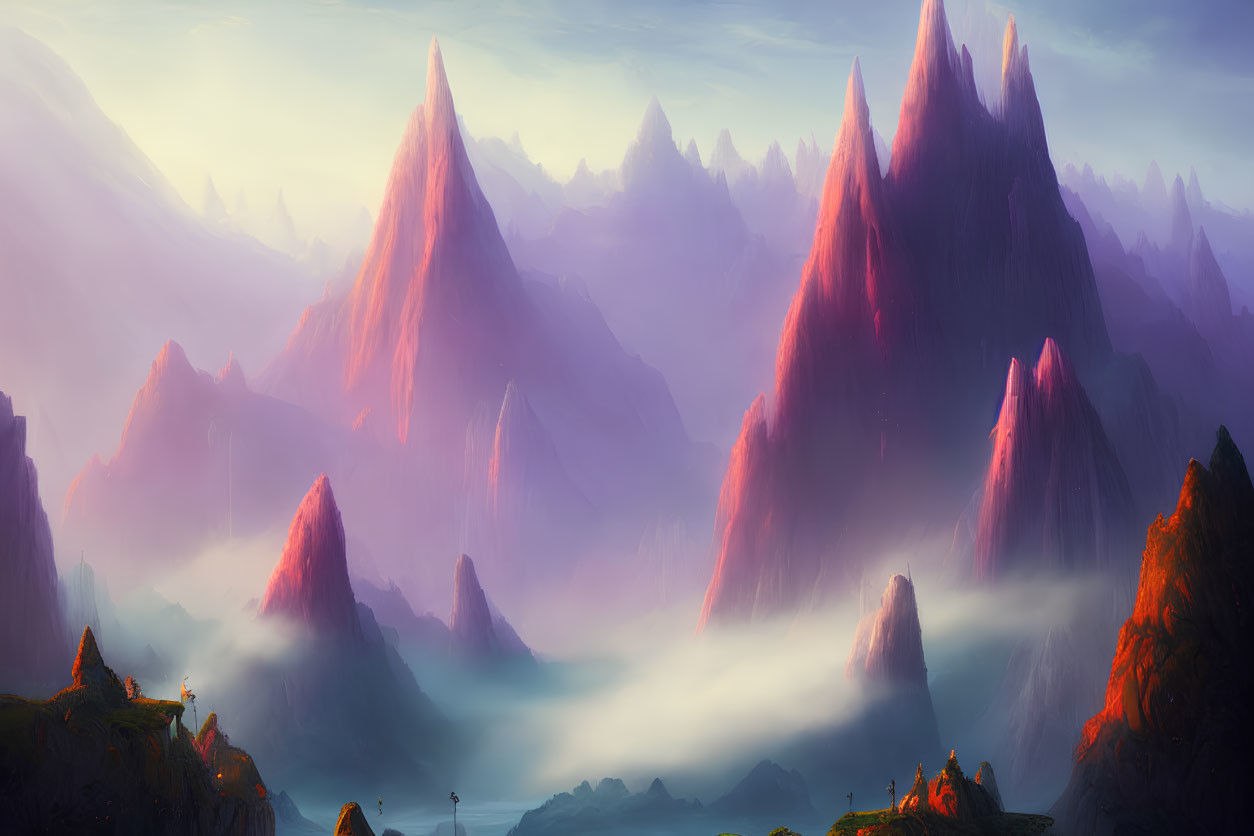 Majestic purple mountains in misty fantasy landscape