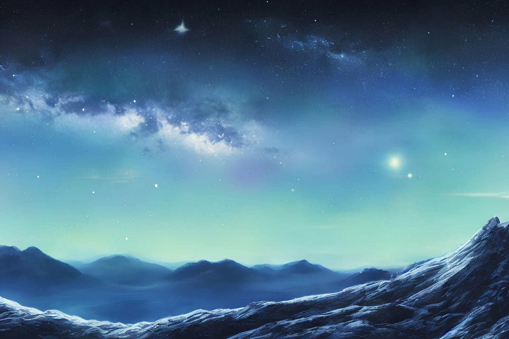 Starry night sky over misty mountains and snowy landscape