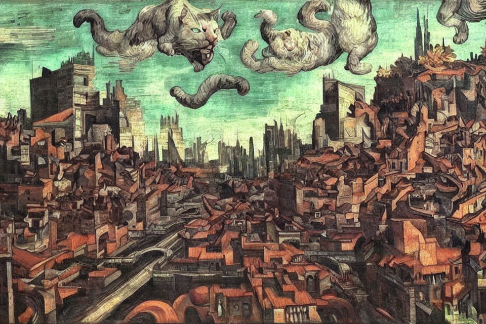 Surreal cityscape with distorted buildings and floating feline creatures