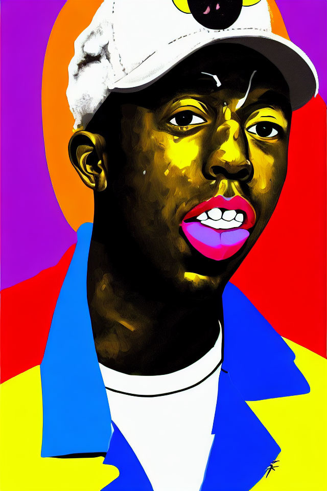 Colorful portrait of a person with cap on vibrant background in yellow, purple, and pink.