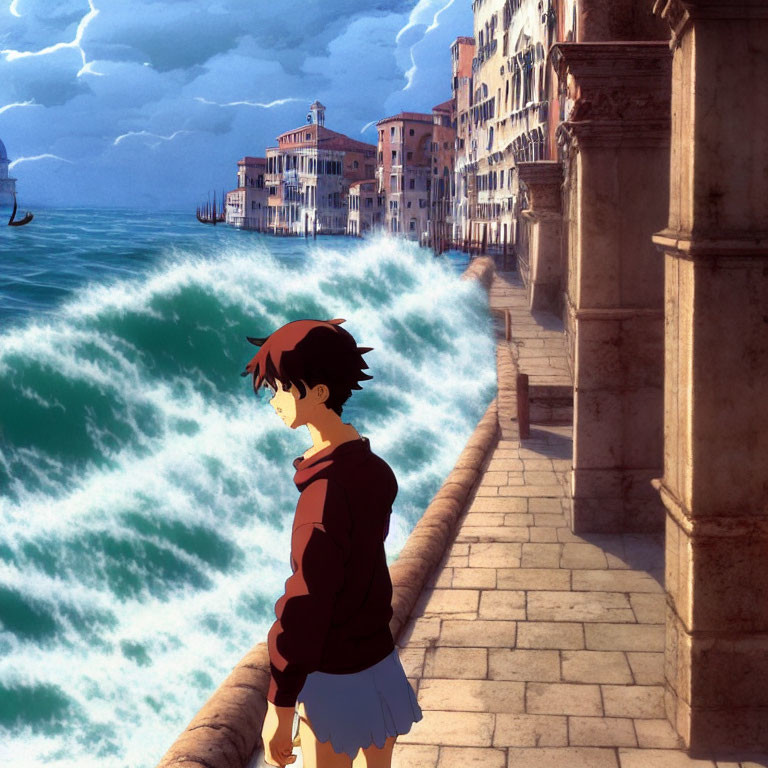 Anime-style character on waterfront promenade watching stylized waves in Italianate cityscape