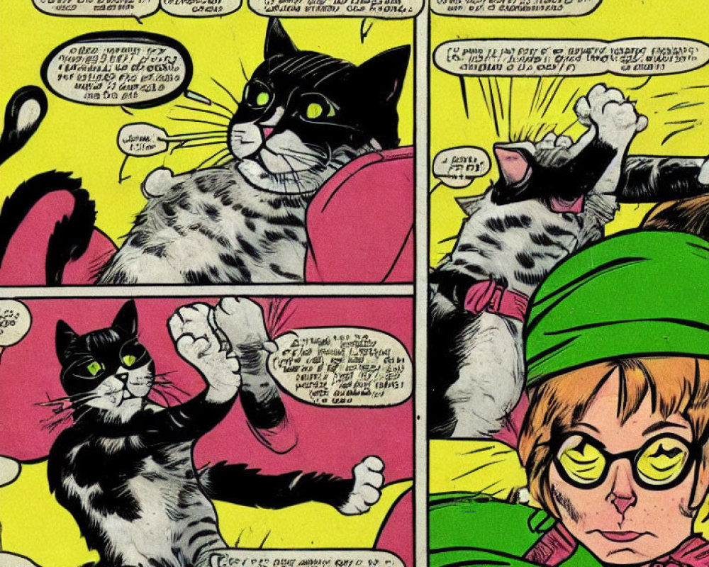 Comic Strip: Person in Green Hat & Expressive Cat on Yellow Background