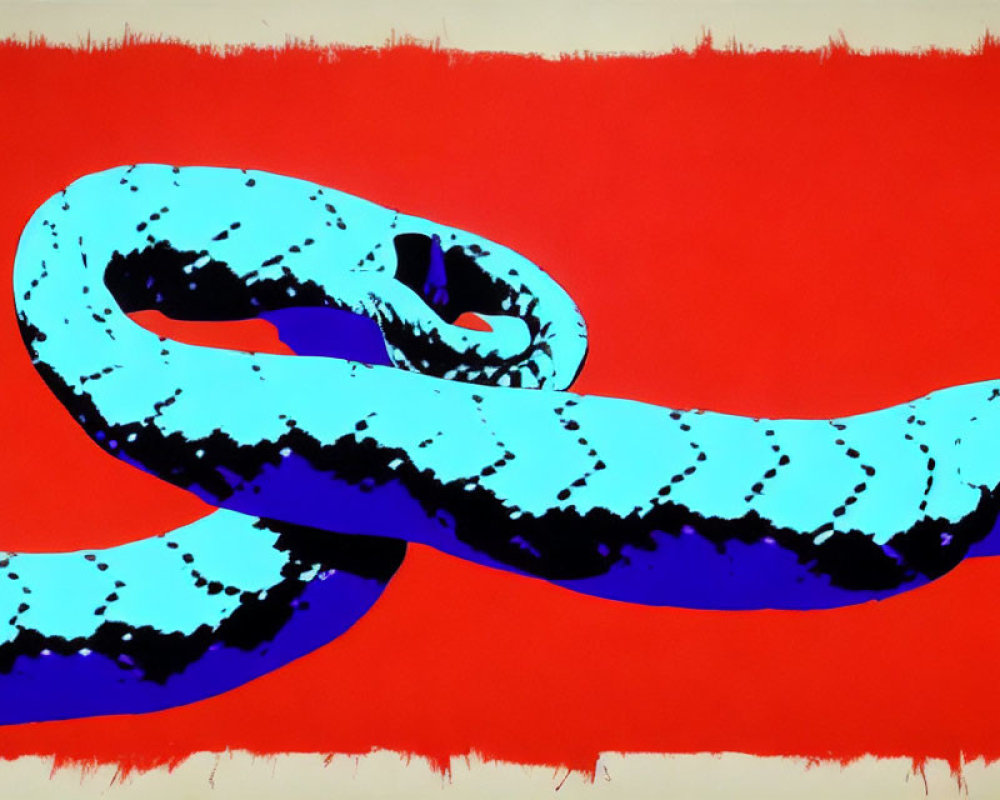 Stylized blue snake with black markings on vibrant red background