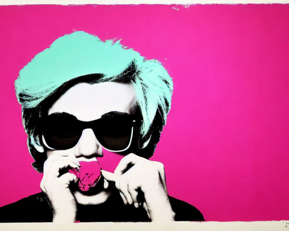 Colorful Pop Art Portrait: Person with Turquoise Hair Eating Pink Ice Cream