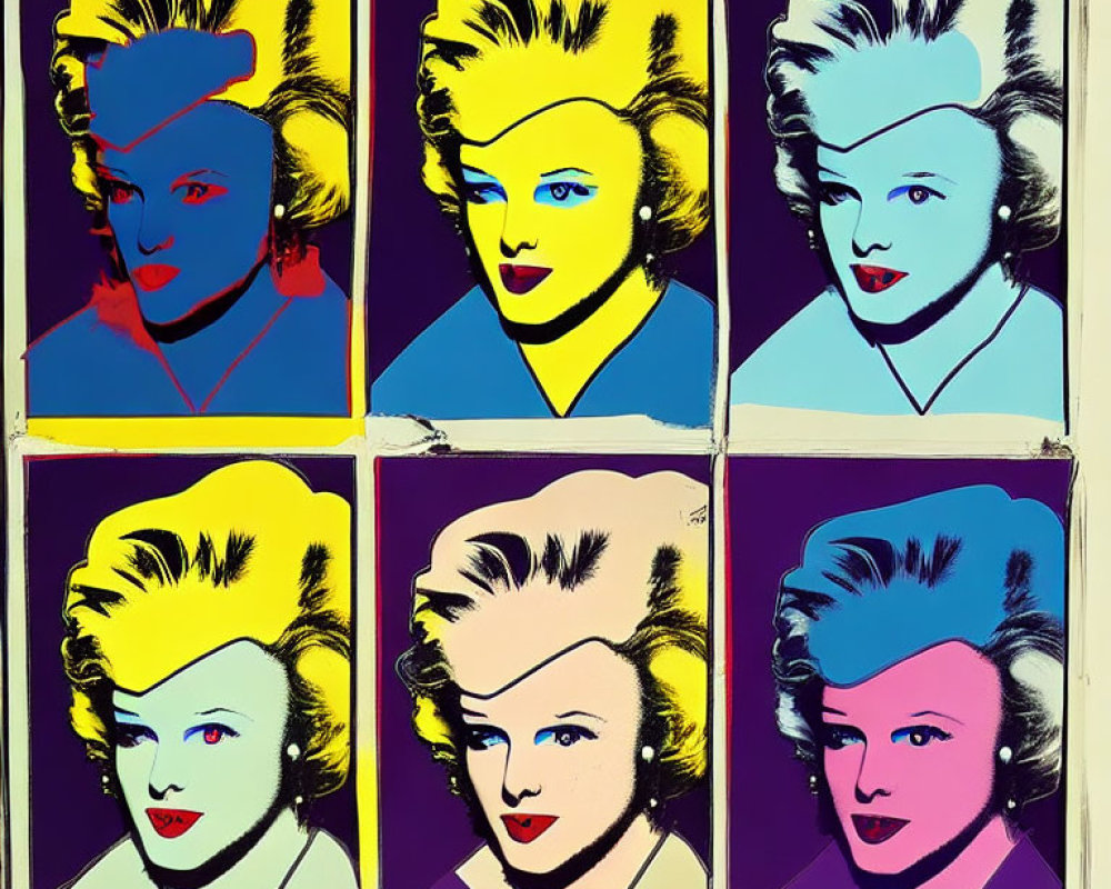 Six colorful pop art style portraits of a woman in varied expressions.