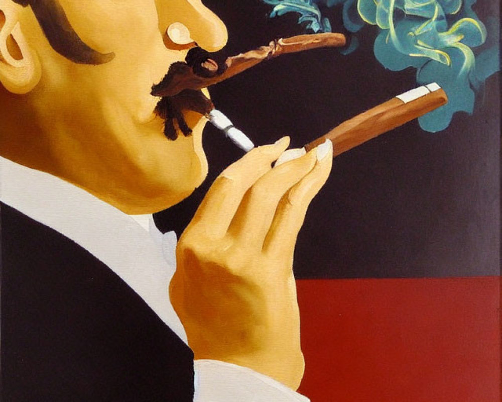 Colorful Stylized Painting of Man with Mustache Smoking Cigar