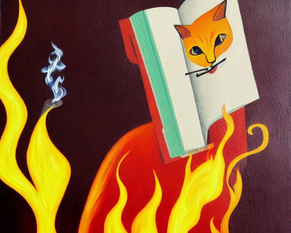 Anthropomorphic orange cat reading book with flame lower body