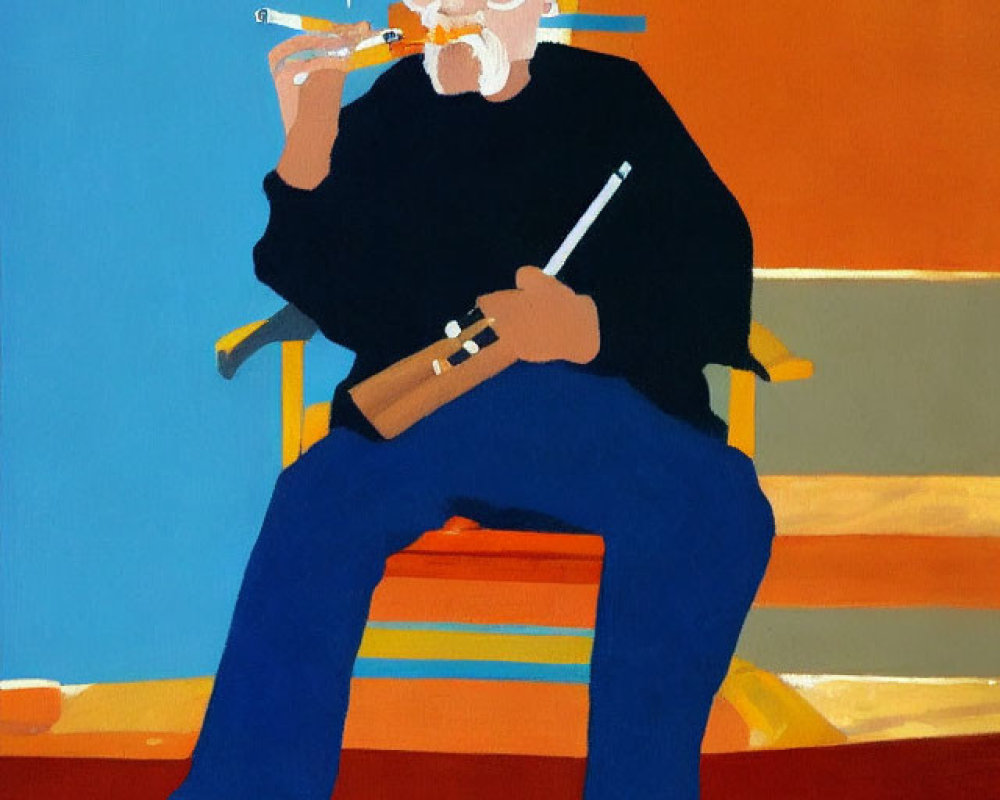 Elderly person with white beard playing flute in colorful setting