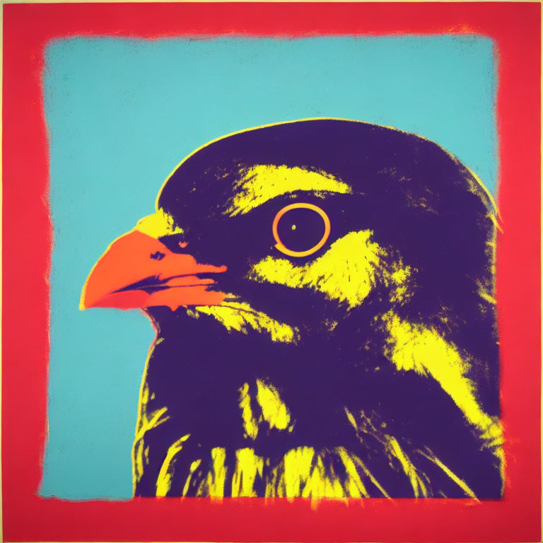 Vibrant bird portrait in pop art style with yellow and blue colors on red and turquoise backdrop