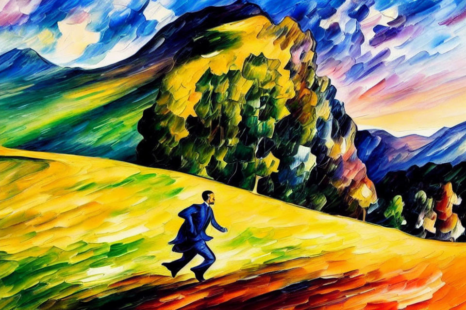 Colorful expressionist painting of man in suit walking on vibrant hill.