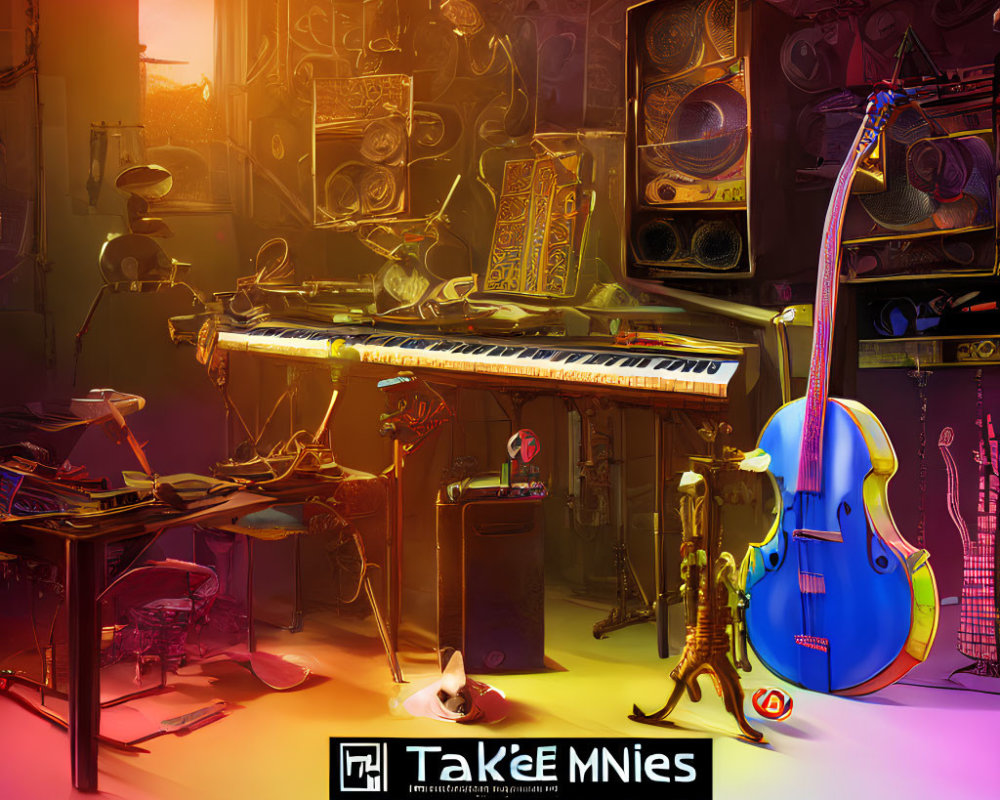 Colorful Music Room with Keyboards, Guitar, Saxophone, and Speakers