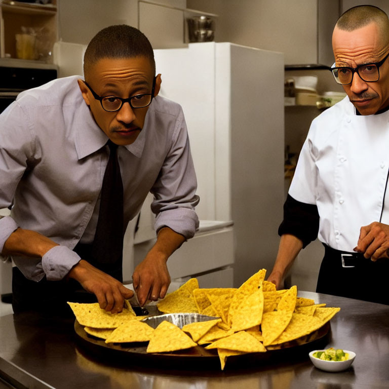 Two people with similar facial features, one in chef attire and the other in business casual, looking at