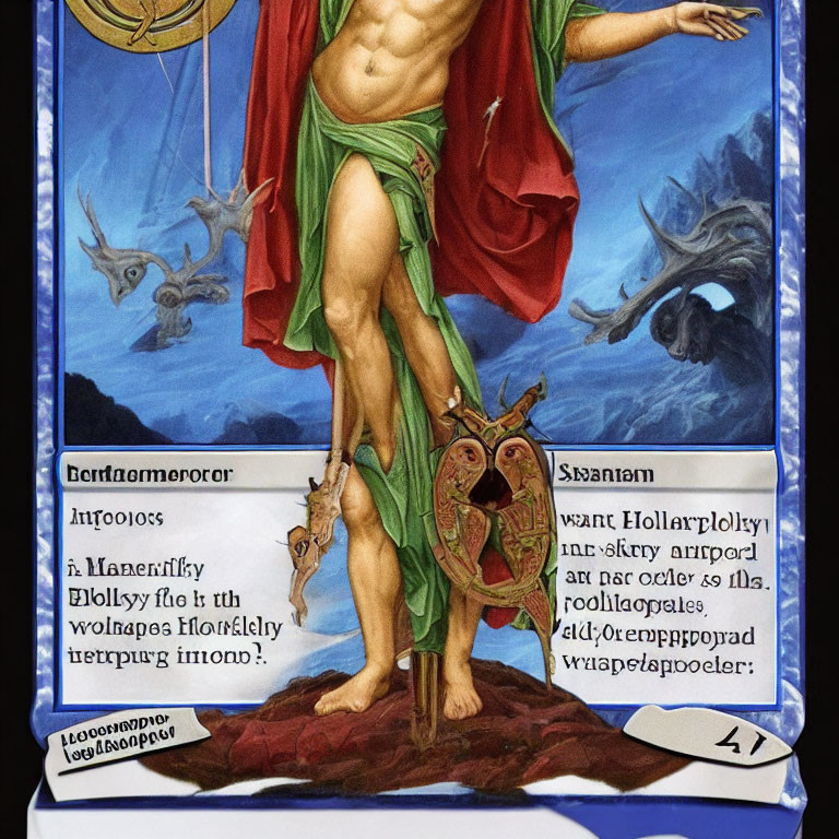 Mythical figure with tree trunk body, red drapery, and owl face on character card