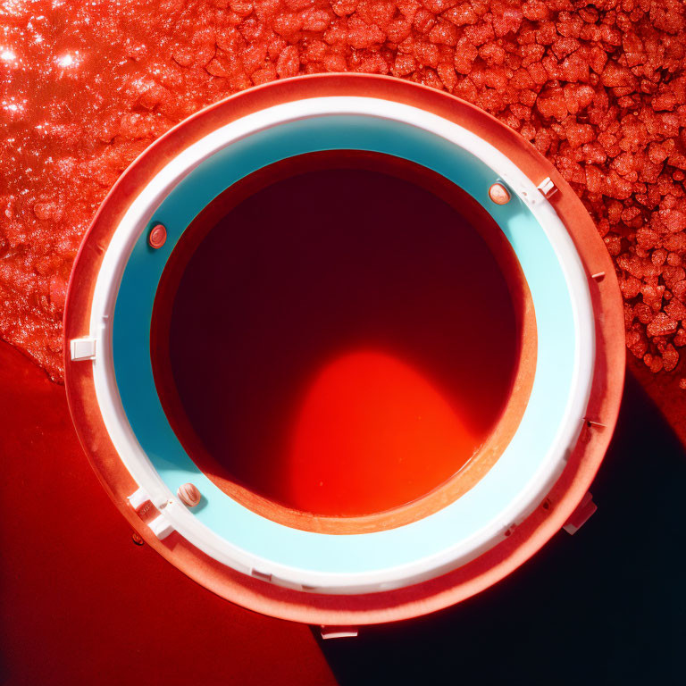 Round empty pool with vibrant turquoise edges on red surface