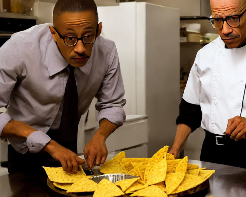 Two people with similar facial features, one in chef attire and the other in business casual, looking at