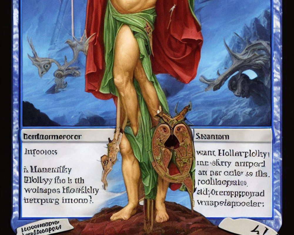 Mythical figure with tree trunk body, red drapery, and owl face on character card