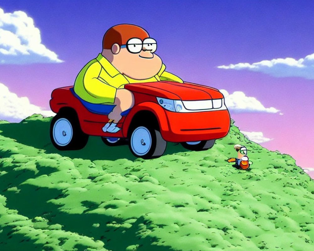 Man with glasses in red car on grassy hill under blue sky