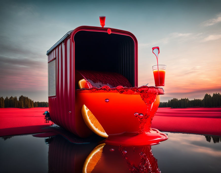 Vibrant red-orange juice stand at sunset by the water