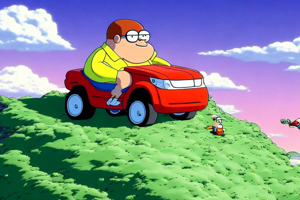 Man with glasses in red car on grassy hill under blue sky