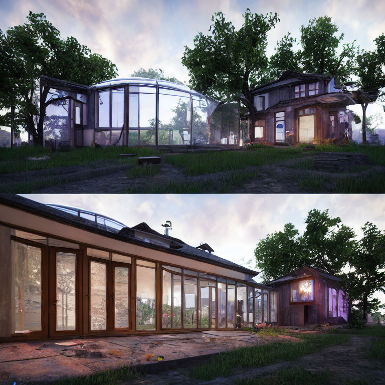 Modern glass extension on traditional house in various lighting conditions