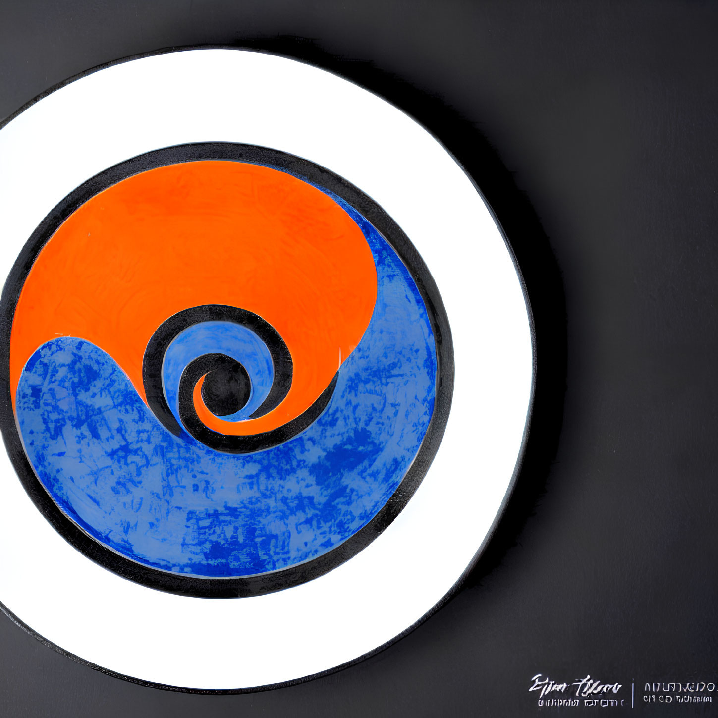 Vibrant abstract painting: blue to orange spiral on black background