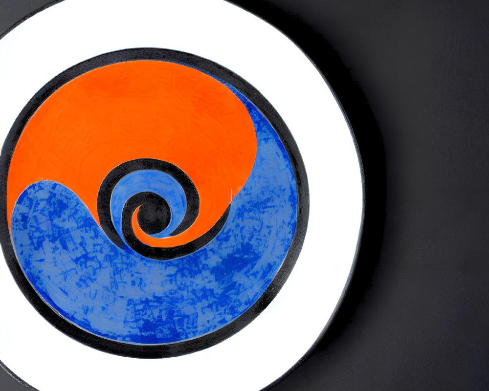 Vibrant abstract painting: blue to orange spiral on black background