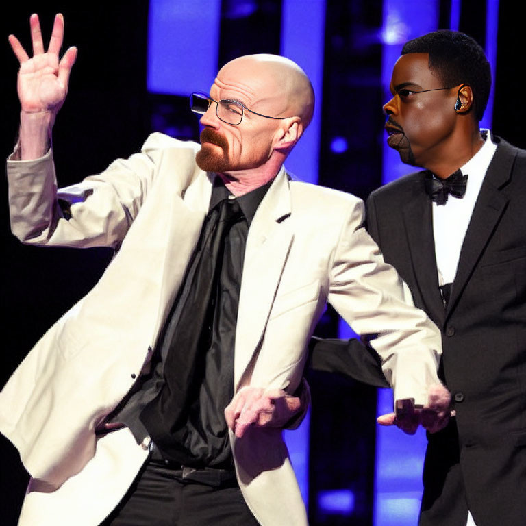 Two men on stage in a photoshopped image: one in a white suit raising four fingers,