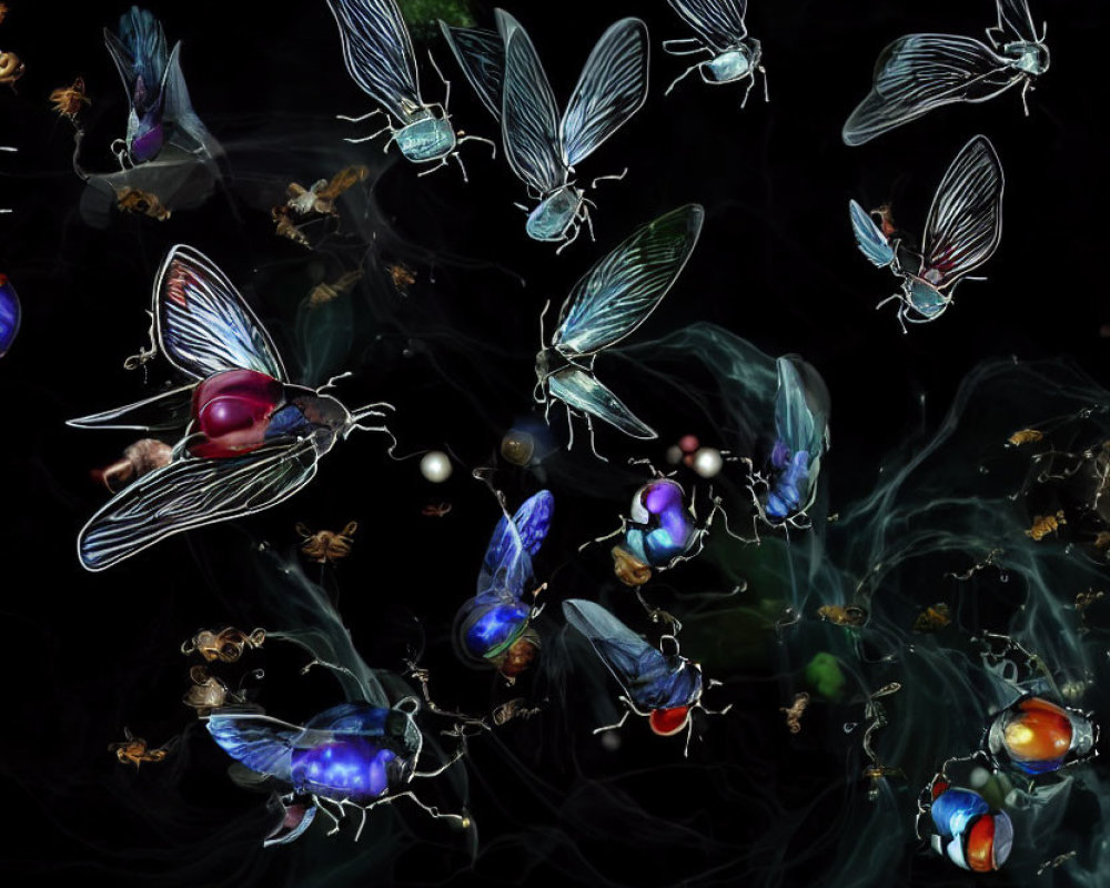 Surreal digital artwork of insect-like creatures with transparent wings