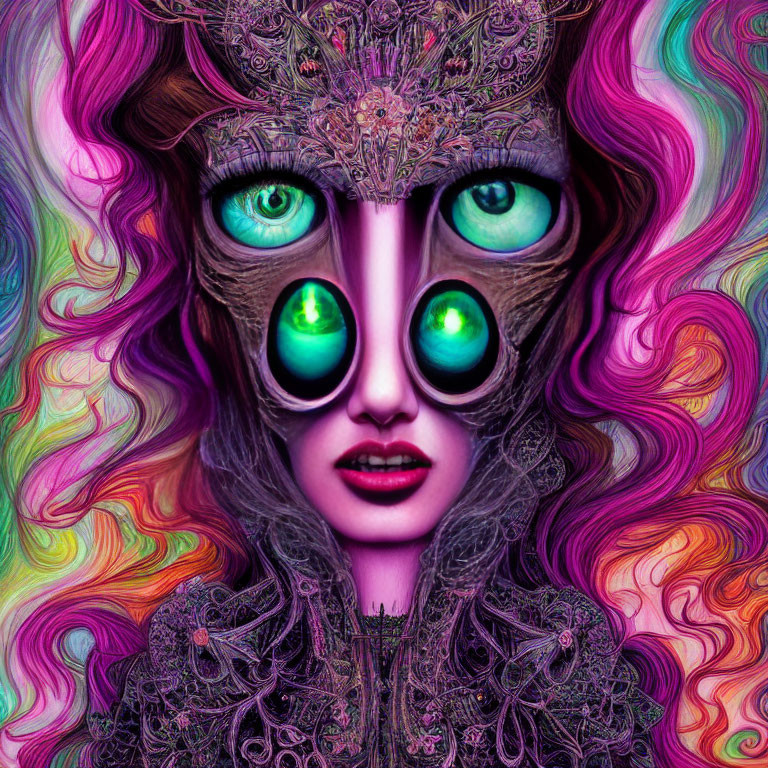 Vibrant digital illustration of female figure with wavy hair and ornate headpiece