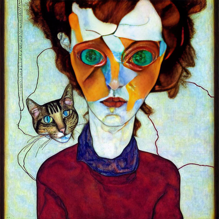 Abstract art overlay on woman's portrait with stylized cat: vivid colors, fragmented facial features